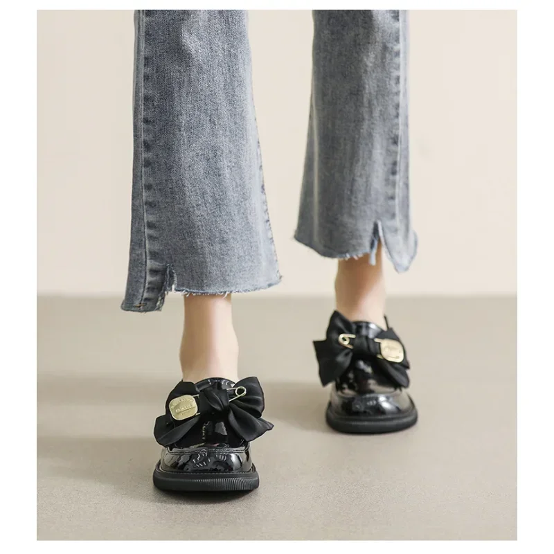 Single Shoe Female British Style Small Leather Shoes Spring and Autumn Retro Black Bow One Foot Soft Sole Single Shoe Female