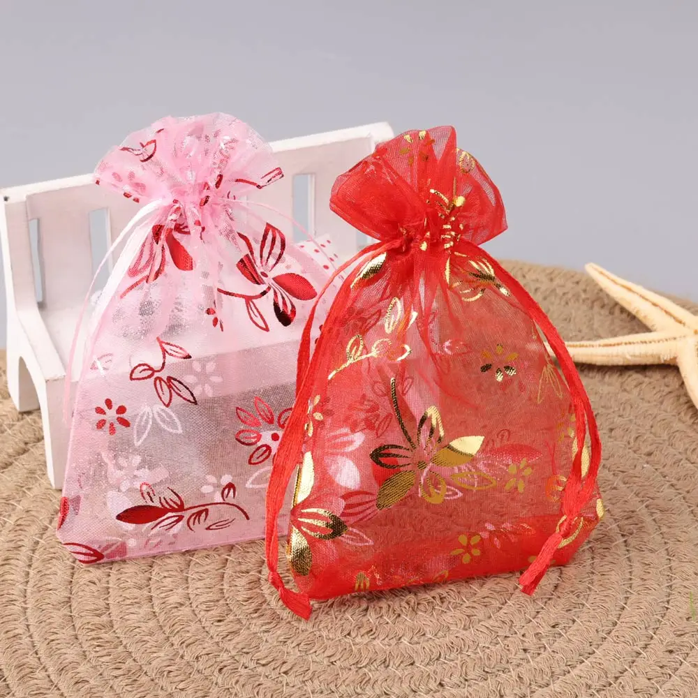 30pcs/Lot 10x15cm Gold Lovely Flowers Organza Drawstring Bag