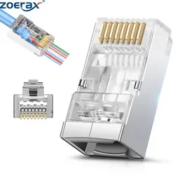 ZoeRax 50pcs Shielded RJ45 Cat6 Cat6A Pass Through Connectors - 3 Prong 8P8C Gold Plated Ethernet Ends for FTP/STP Network Cable