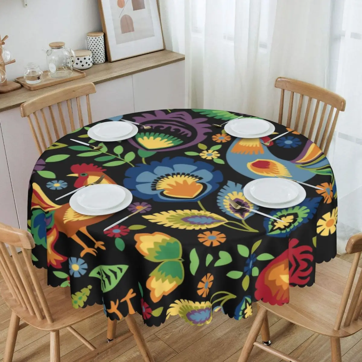 

Round Waterproof Folk Roosters Table Cover Poland Polish Art Tablecloth for Dining 60 inch Table Cloth