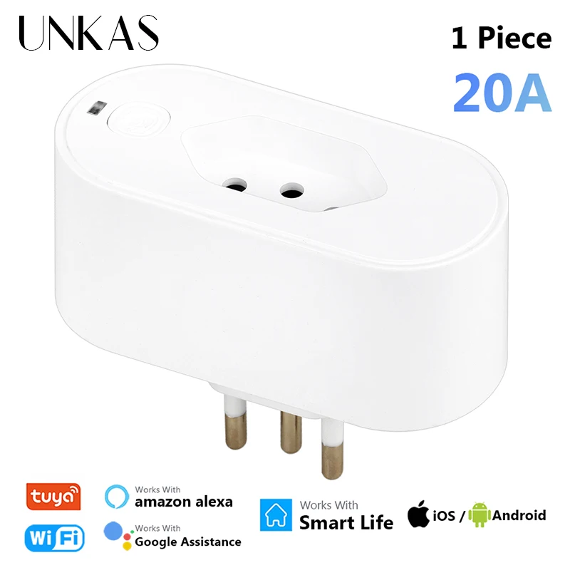 UNKAS 20A Tuya Brazil Standard Wifi Smart Plug Socket Work With Google Home Alexa With Power Monitor APP Remote Control