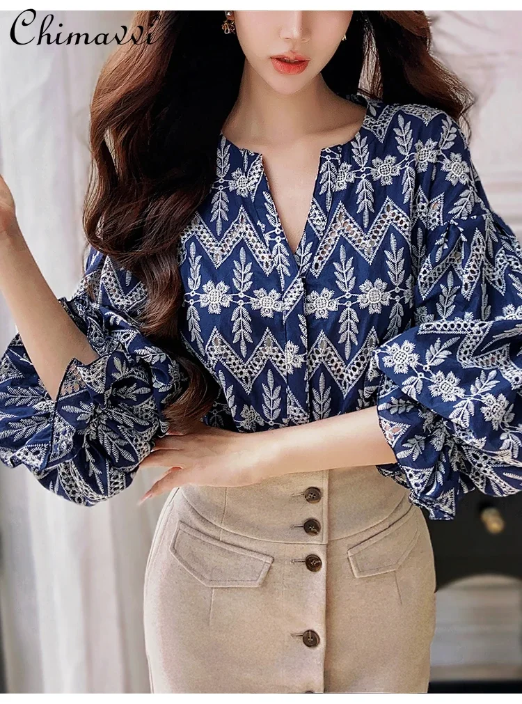 

French Elegant Temperament Retro V-neck Lantern Sleeve Blouse Blue Hollow Out Embroidered Commuting Shirt Top Women Autumn 2024