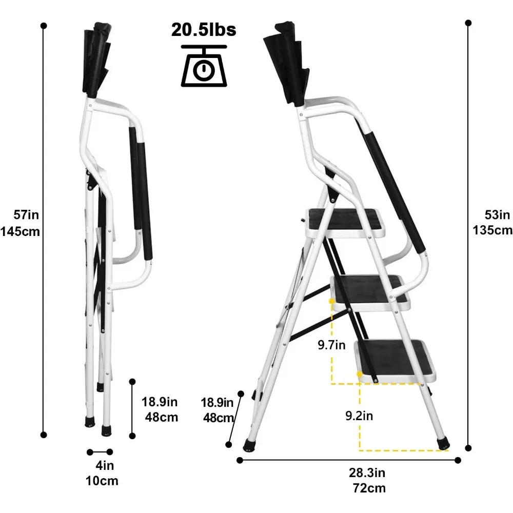 500 lb Capacity Steel Frame 3 Step Ladder Folding with Handrails, Non-Slip Wide Pedal Home Use
