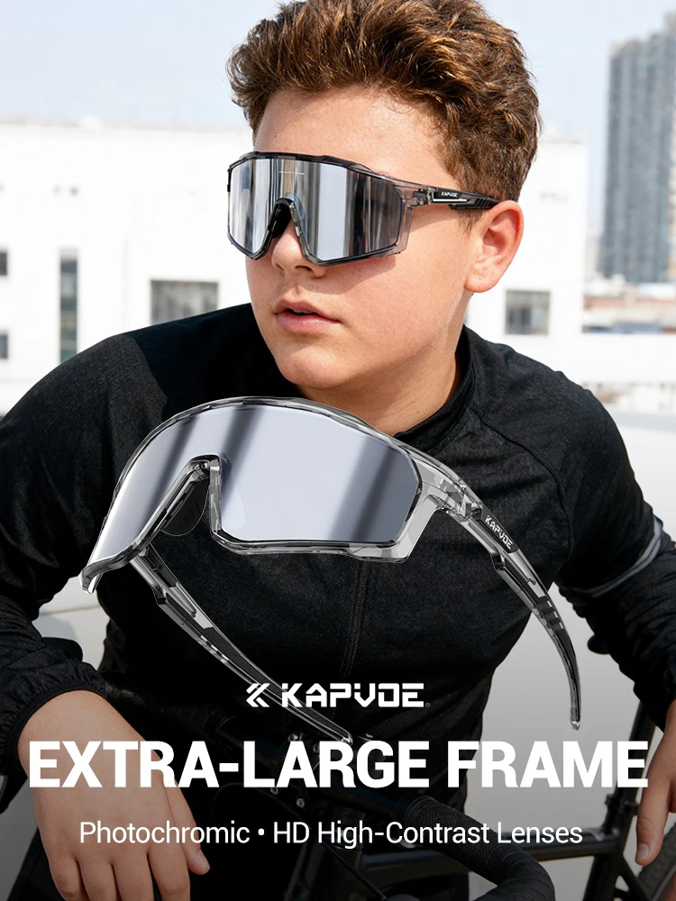 

KAPVOE Large Photochromic Cycling Glasses Men Women Big Heads Sports Sunglasses Discoloration Clear Bike Glasses Day and Night