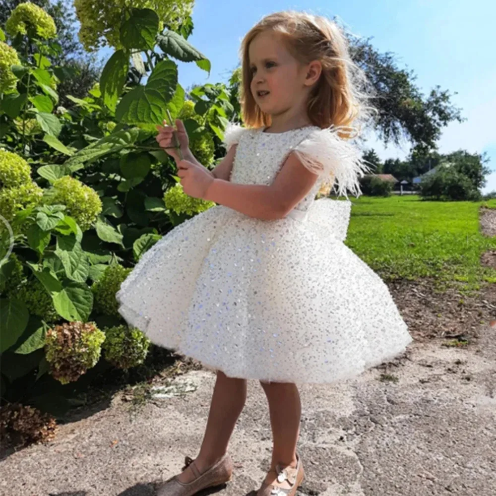 Bruiloftsfeest Prinses Baljurk Communie Kid 2-14 Jaar Glitter Kralen Bloem Meisje Jurken Witte Kinderen Veren Strik