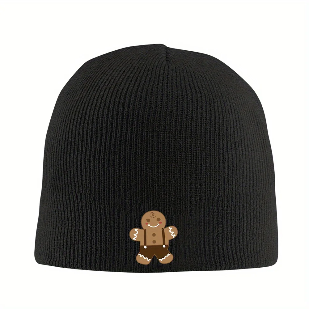 1pc Gingerbread Man Beanie Hat Funny Winter Cap for Men Women, Warm Black Knit Skull Cap with Festive Gingerbread Man
