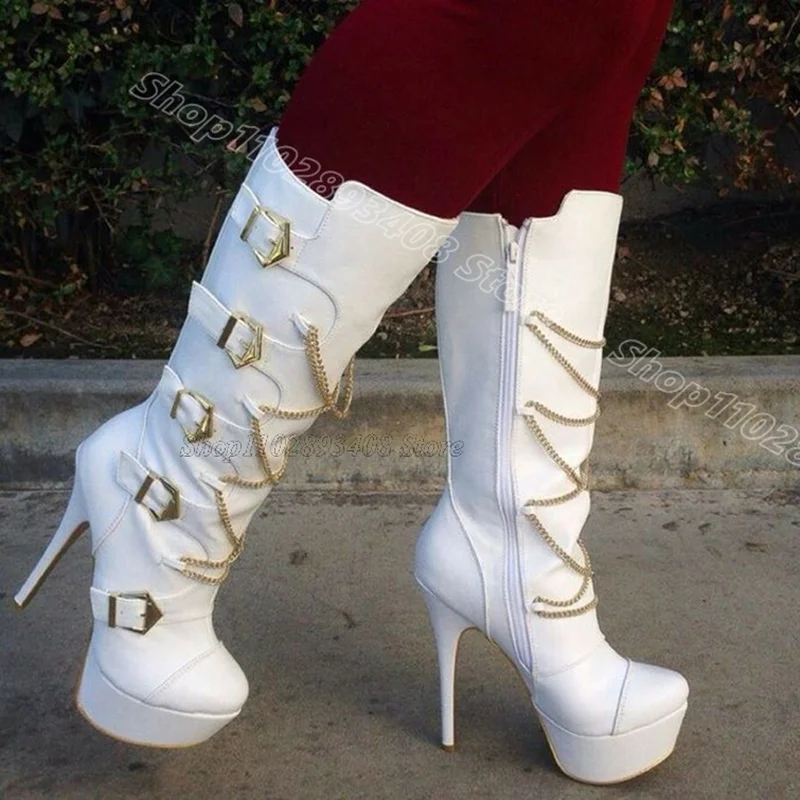 

White Chain Buckle Decor Boots Round Toe Side Zipper British Style Spring Women Party Dress Knee Boots 2025 Zapatos Para Mujere