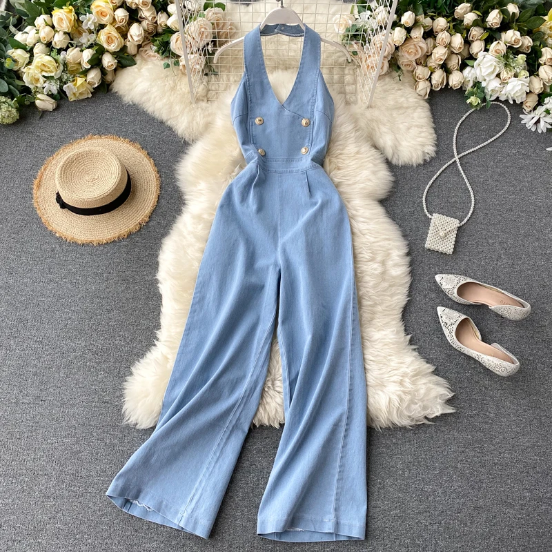 Summer Women Denim Jumpsuits Halter Backless Buttons High Waist Wide LegFemale Denim Jumpsuit  For Woman