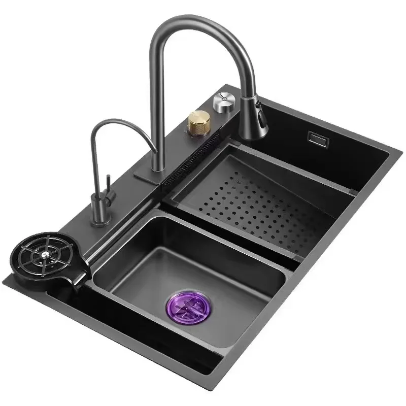 76*46cm black kitchen sink 304 Stainless Steel nano coating,Pull out faucet cup washer Single Slot Bar with water filter