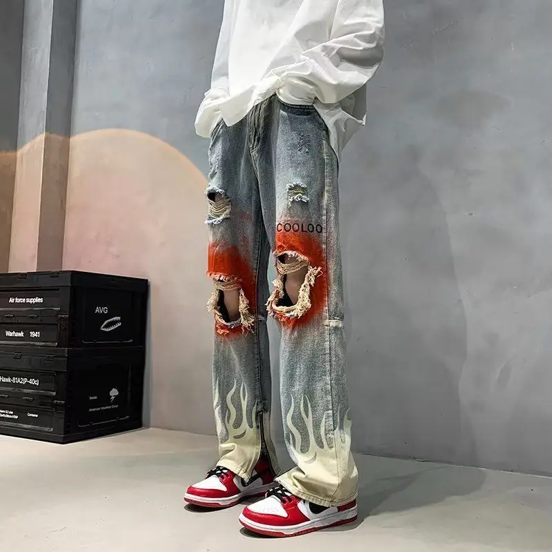 American retro street feel trendy brand graffiti personalized torn hole split jeans high street design feel hiphop pants