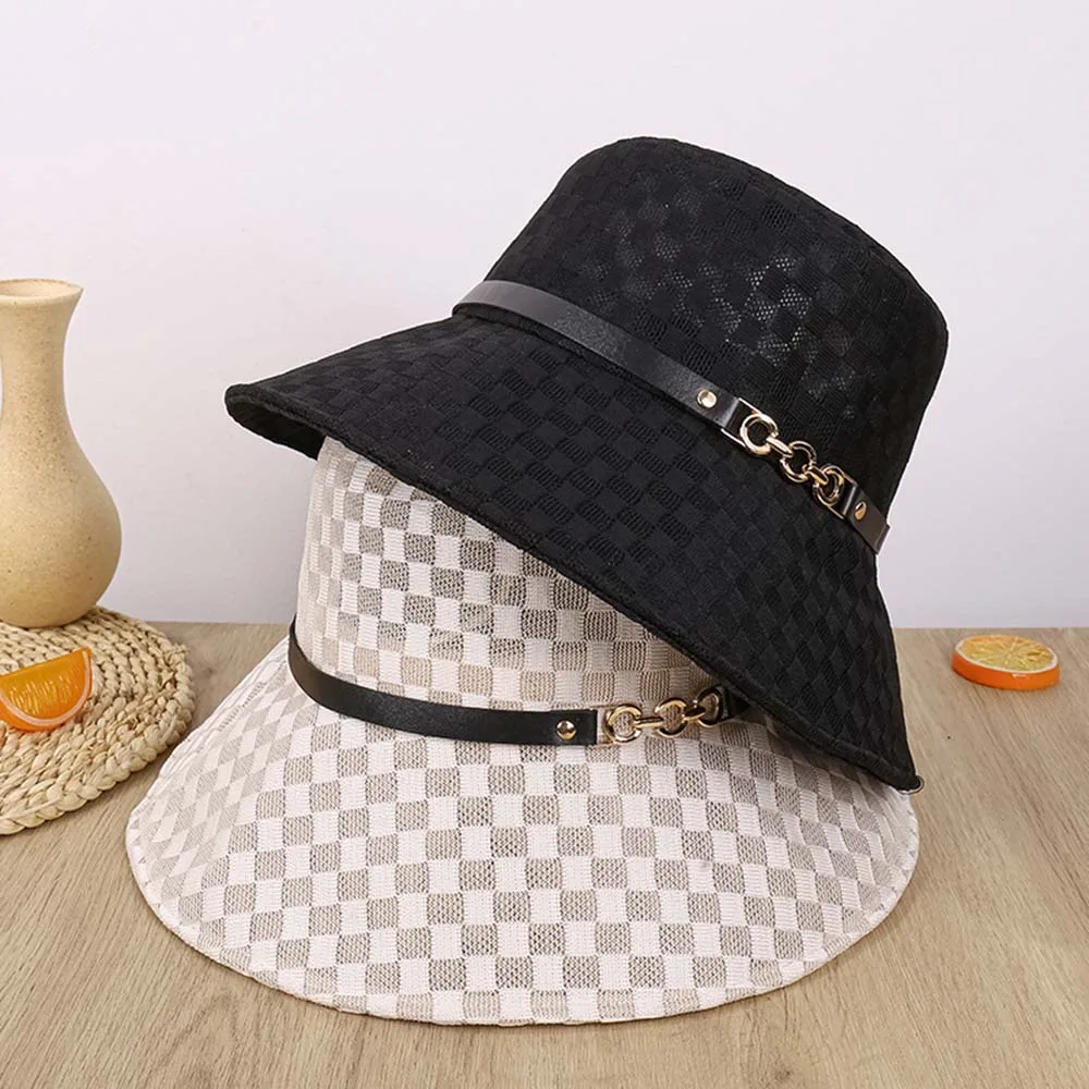 Neue modische Damen-Outdoor-Bucket-Hüte, lässige Reisehüte, karierte personalisierte Bucket-Fischerhüte, Freizeithüte, Sonnenschutzhüte – Detail 2