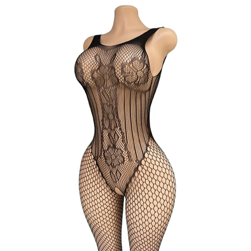 1 Black Bodysuit – Sheer Lace, Open-Crotch Fishnet Style; Sexy & Convenient (No Need to Undress)