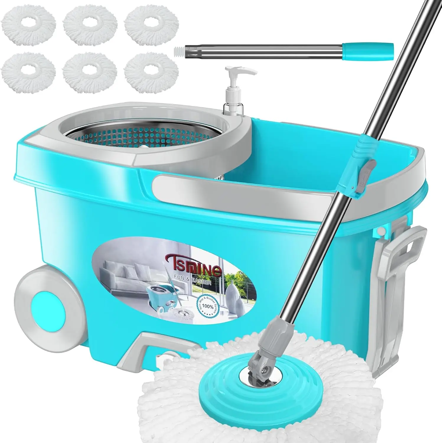 

360 Spin Mop and Bucket Set with Wringer, 6 Microfiber Heads, 61" Handle, Wheels for Easy Floor Cleaning