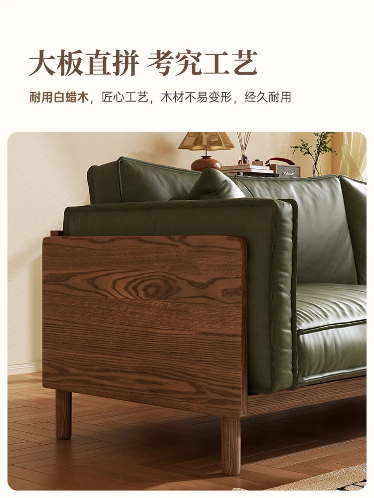 

New Chinese-style solid wood sofa All solid wood small apartment living room home straight row black retro oil wax leather art s