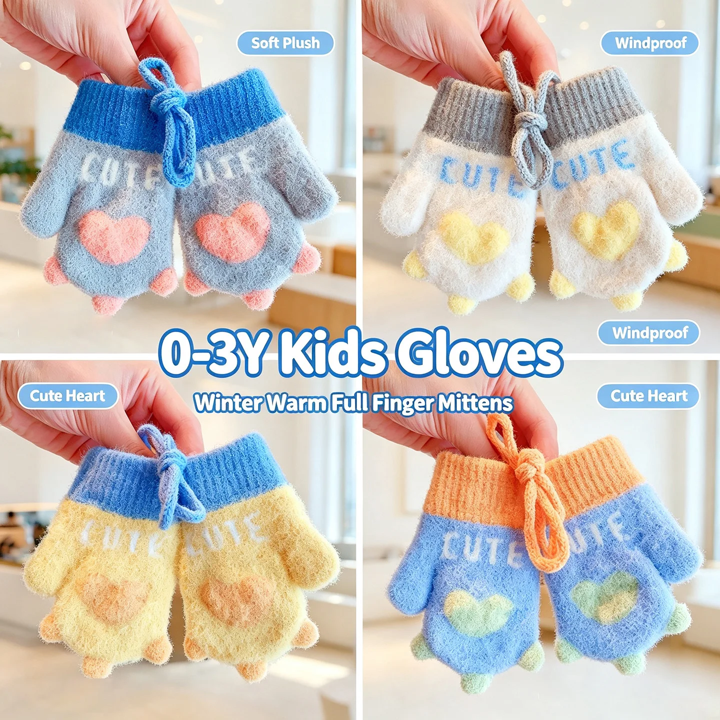 Baby-Winterhandschuhe, weicher Plüsch, Farbblock-Design, Kleinkindhandschuhe, Anti-Verlust-Kordel, 3D-Herz-Dekor, elastische Rippenbündchen, winddicht, warm, 2026 – Detail 1