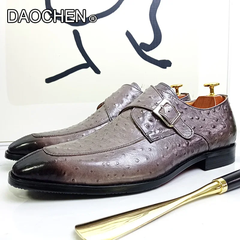 LUXURY BRAND MEN LEATHER SHOES GRAY BLACK LOAFERS SLIP ON MENS DRESS SHOES BUCKLE STRAP WEDDING OFFICE SHOES FOR MEN