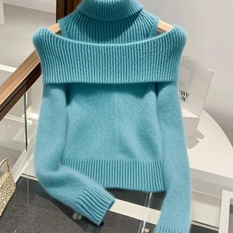 

Fashion winter new pullover sweater women's French Slim Warm Knit Top design unique super beautiful blue fake two-piece sweater