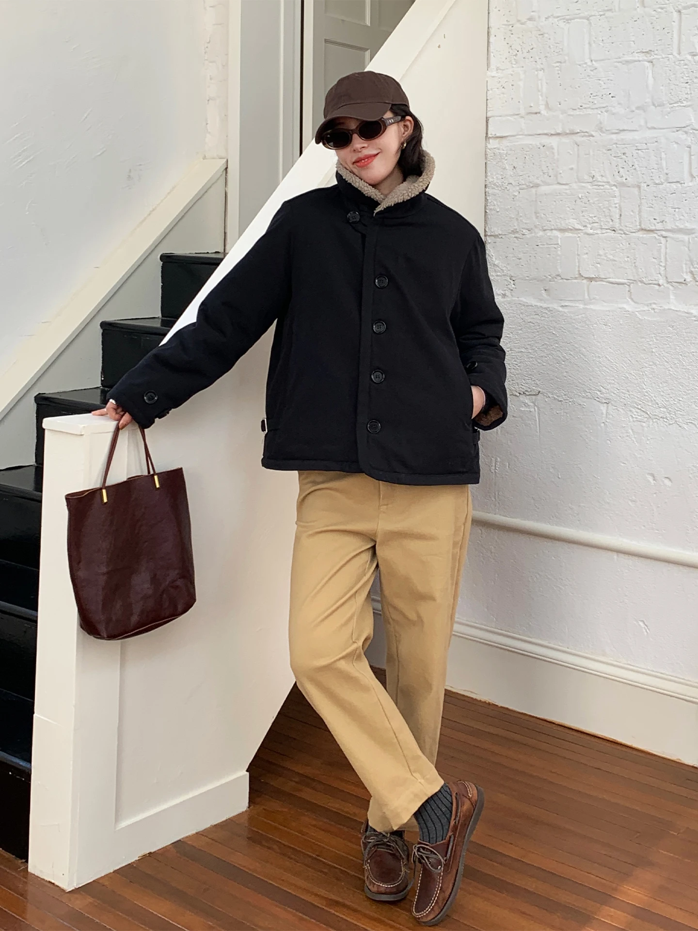 

Beibei Women's Double-Sided Lamb Fur Jaet Bla Long Sve Warm Autumn Winter Coat Sli Commute Loose Fit Cotton Inner