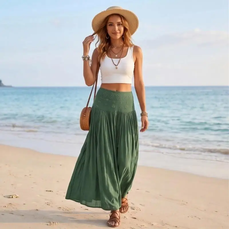 Skirts for Women Linen Maxi Skirt Flowy Pleated Skirt A-Line Beach Skirts Bohemian Resort Wear 6XDA