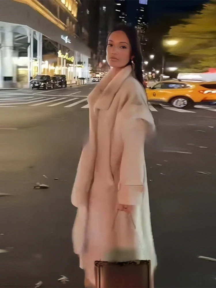 패치워크 가을 겨울 인조 밍크 퍼 오버코트 긴 소매 라펠 퍼리 롱 코트 벨트 포함 2025 신상 여성 출퇴근 캐주얼 아우터