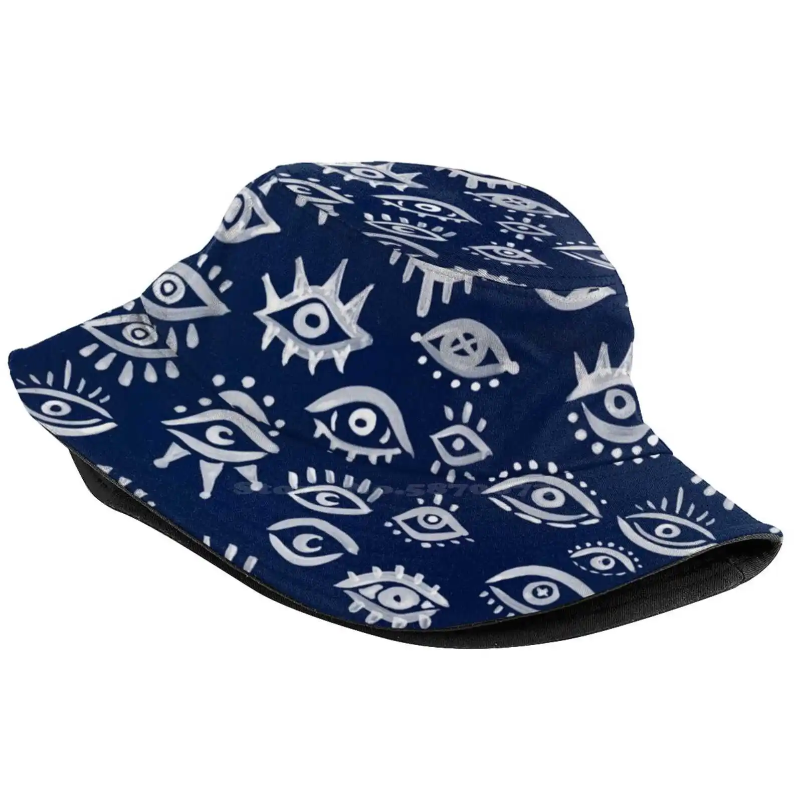 Mystic Eyes – White On Navy Sun Cap Fisherman Hat Bucket Hats Evil Eyes Evileye Amulet Charm Mint Gold Egyptian Hamsa Eyeball