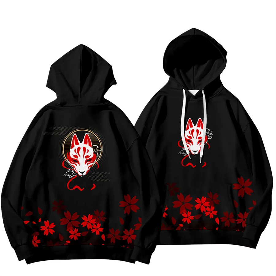 Sudadera con capucha con estampado de zorro negro para hombre y mujer, suéter informal japonés Harajuku de gran tamaño, ropa de Hip Hop, otoño