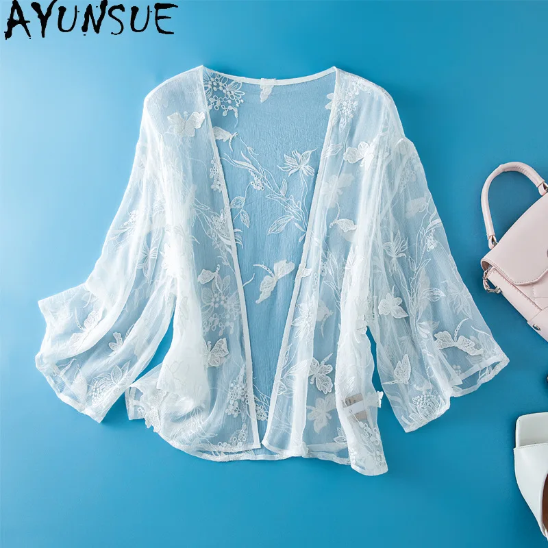 

AYUNSUE 100% шелковые топы для женщин, тонкие топы с длинными рукавами и вышивкой, весенне-летний солнцезащитный кардиган, женская одежда Ropa De Mujer