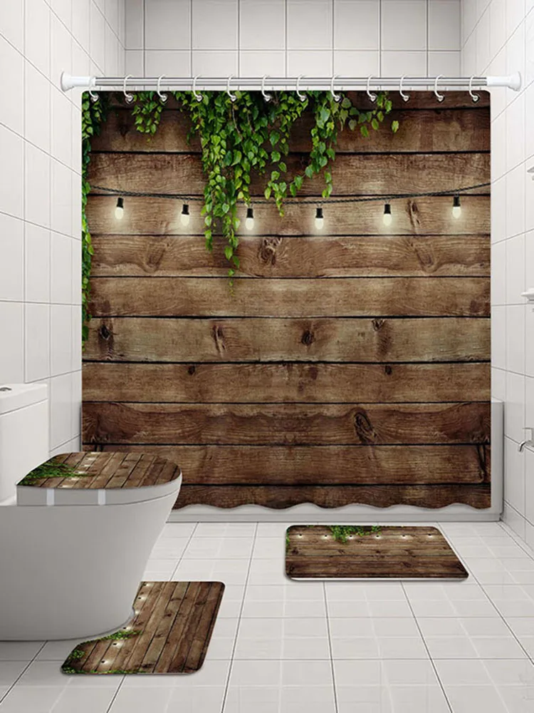 Vintage Rustic Wooden Board Door Shower Curtain, Green Leaves On Farmhouse Country Wood Plank, Waterproof Polyester Fabric