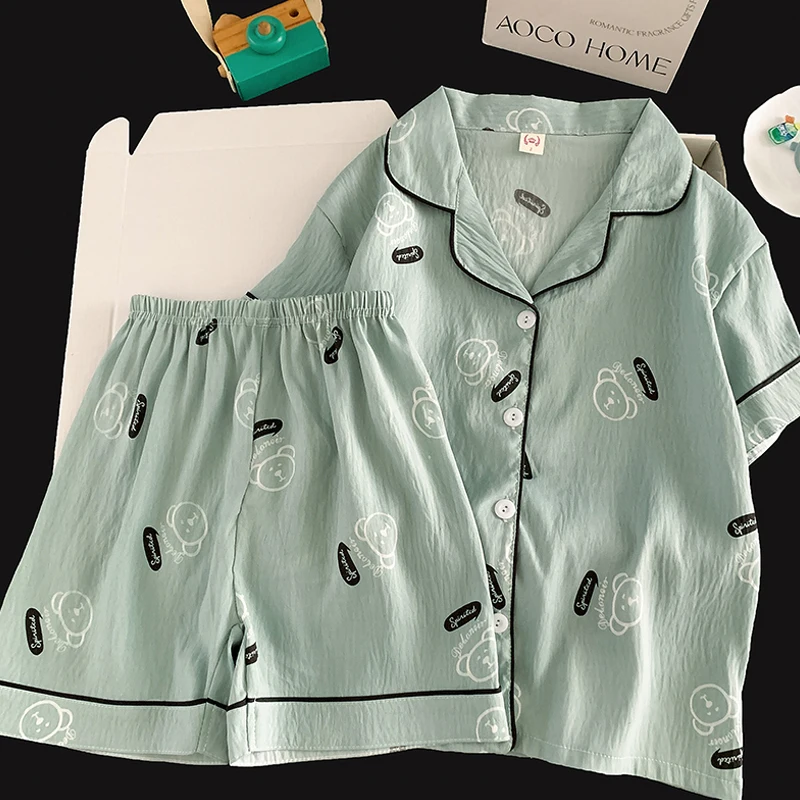 

Летний домашний комплект из хлопка с мультяшным принтом медведя и облаков, кардиган с воротником