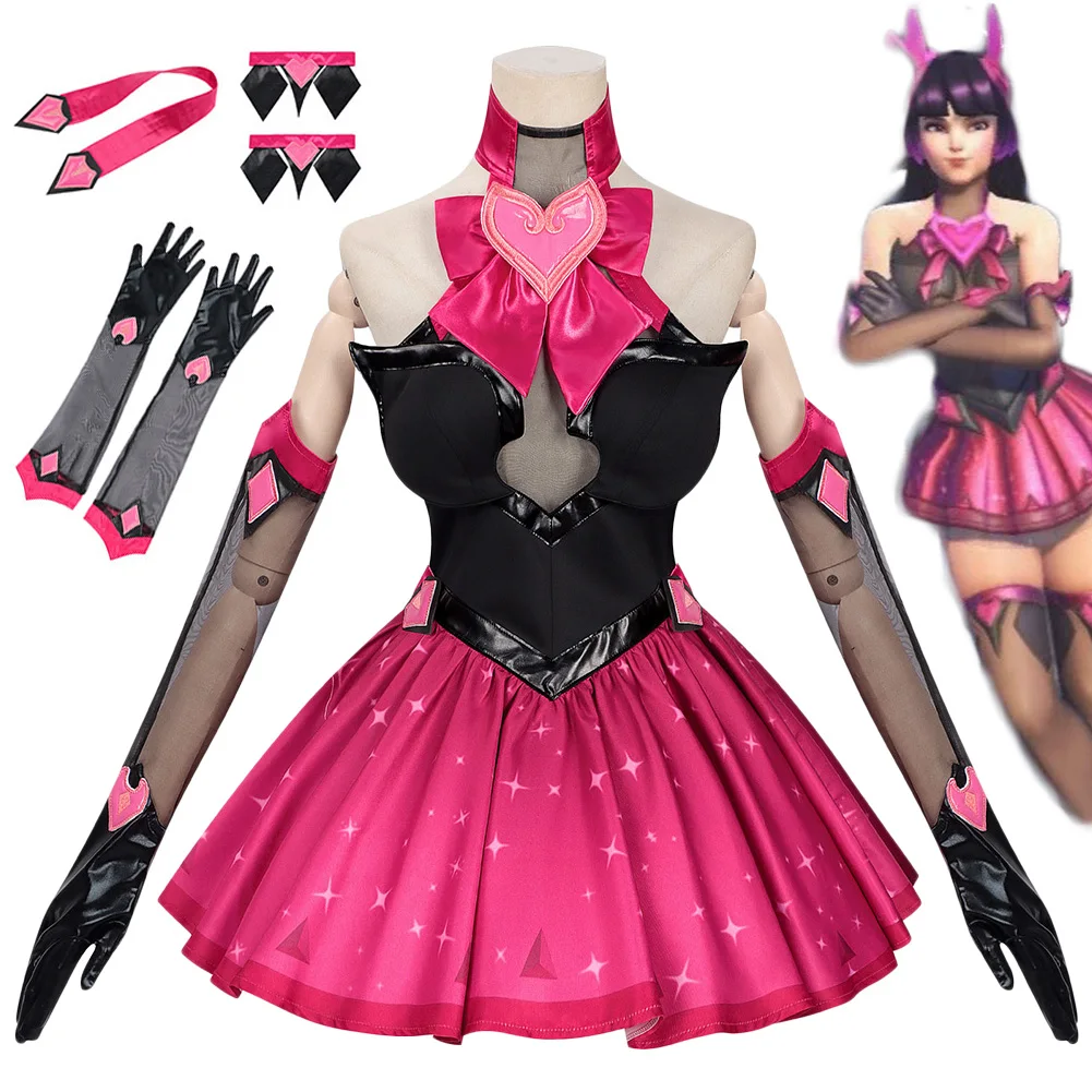 

Game OW DVA Sombra Cosplay Pink Dress Costume Outfits Clothes Gloves Suits Women Uniform Disguise Halloween Carnival Party Adult