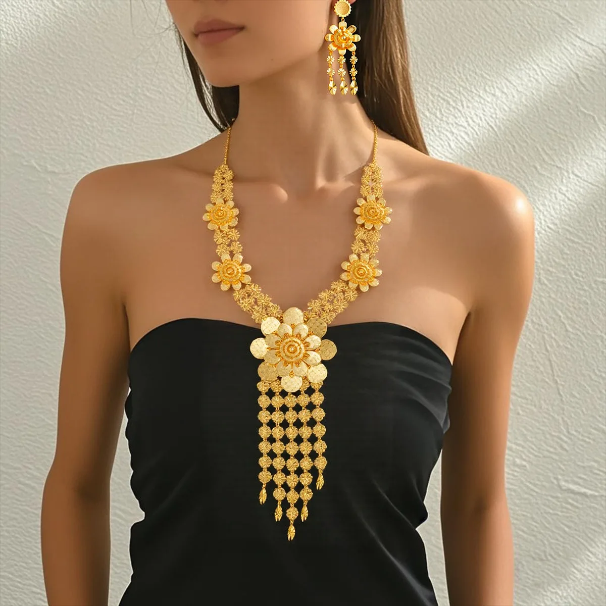 Luxury 24K 9999 Pure Gold real gold Dubai Necklace Set Saudi Women Necklace Earrings Two-piece Set