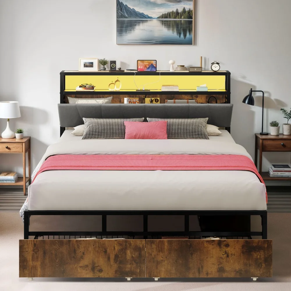 

Queen Size Storage Bed Frame Metal Platform Upholstered Headboard 2 Drawers