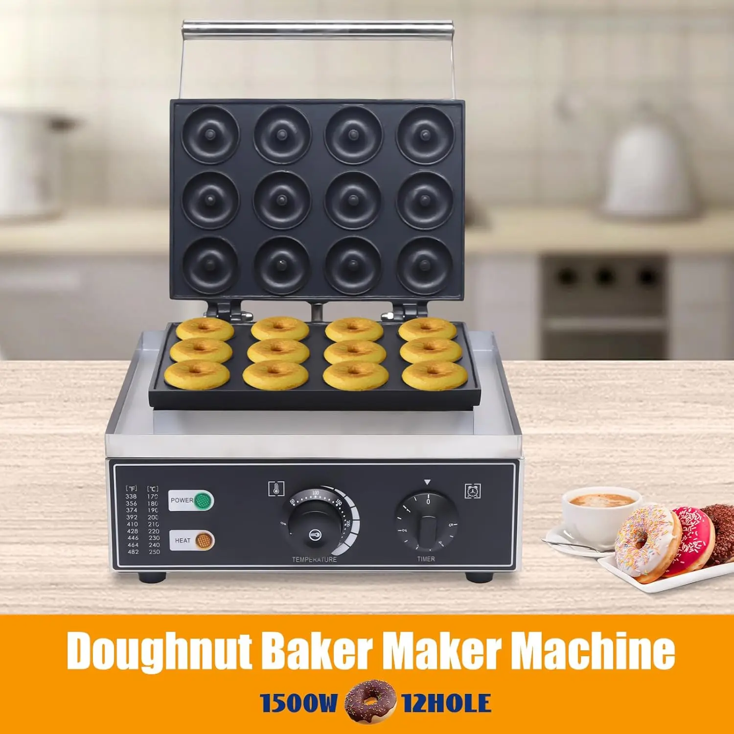 Электрическая машина для изготовления пончиков с 12 отверстиями, машина для изготовления пончиков с антипригарным покрытием, нагрев 5 мм, 50-300, двухсторонняя постоянная температура,