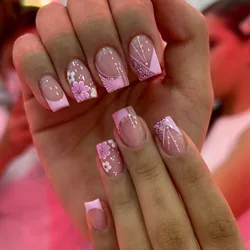 24Pcs Pink French Fake Nail Short Square False Nails with Glitter Flowers Design Press on Nails Wearable Full Cover Nail Tips