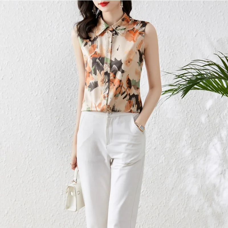 2024 New Women\'s Summer Printed Polo Collar Fashion Elegant Silk Tank Top Shirt Sleeveless Single Row Multi Button Loose Top