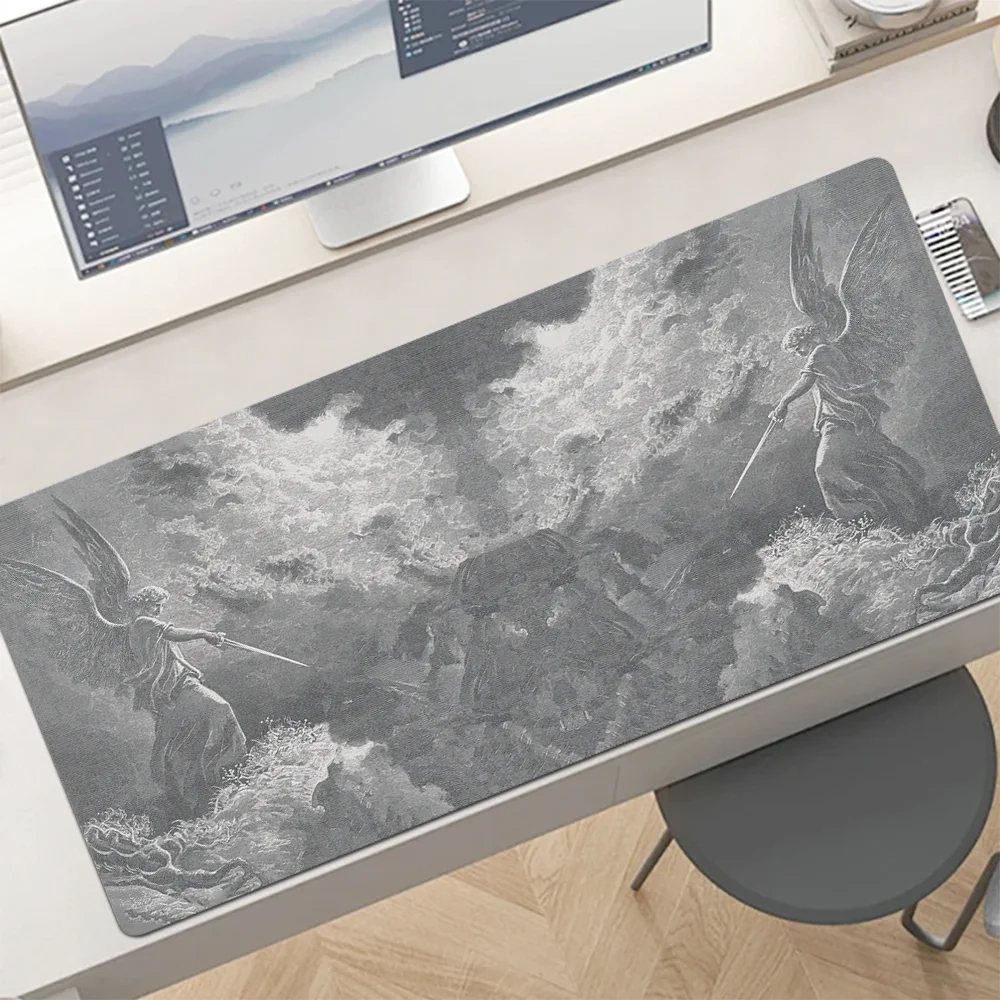 لوحة ماوس Angel Duel أحادية اللون: صدام المحاربين المجنحين في الغيوم السماوية، أفضل العظمة الأسطورية على مساحة عملك #3