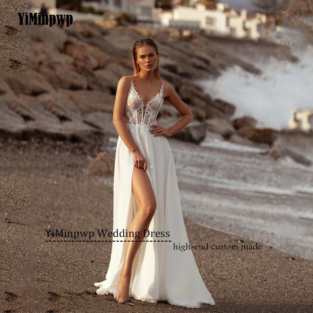 Vestidos de novia de playa con abertura lateral, apliques de gasa, vestidos de novia bohemios, vestidos de novia con espalda descubierta, tren de barrido personalizado