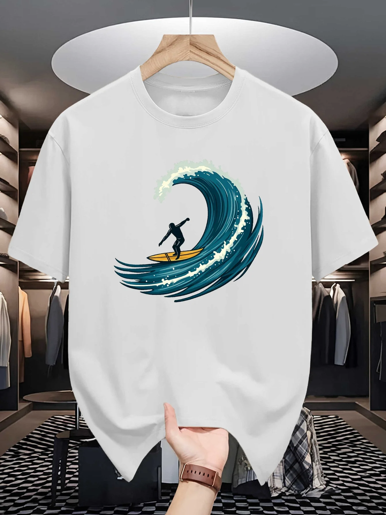 Male Yellow Round Neck T Shirt Vintage Curly Ocean Wave Surfer On Board Print Tropical Seaside Surfing Light Cotton Daily Tees