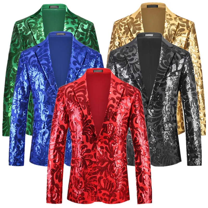 

High-quality Men's Solid Color Suit Jacket Fashion Handsome Sequin Long Sleeve Coats Youth Lapel Collar Casual Luxury Blazer