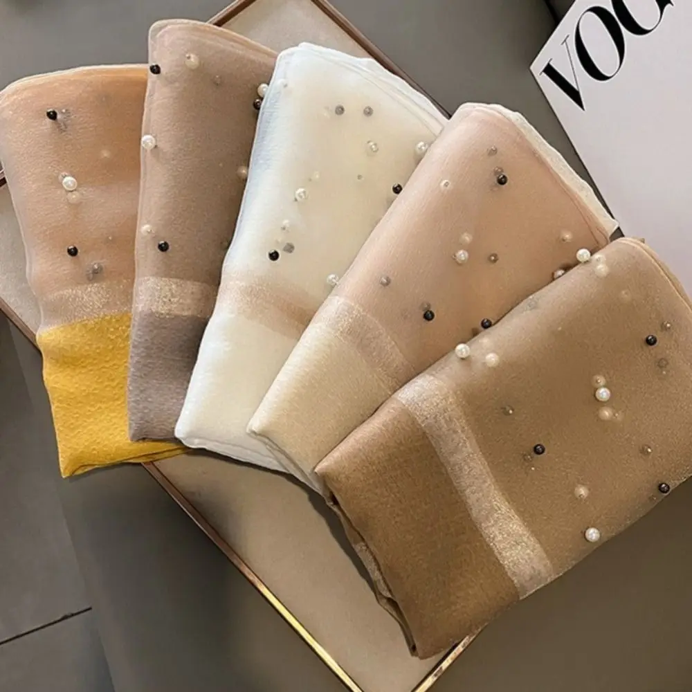 

Sweet Pearls Silk Scarf Shawls Transparent Korean Style Mesh Neck Scarves Neckerchief Sunscreen Dress Decor