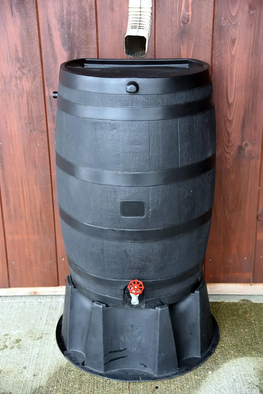 Polyethylene 50 Gallon Flat Back Eco Rain Barrel with Stand, Black