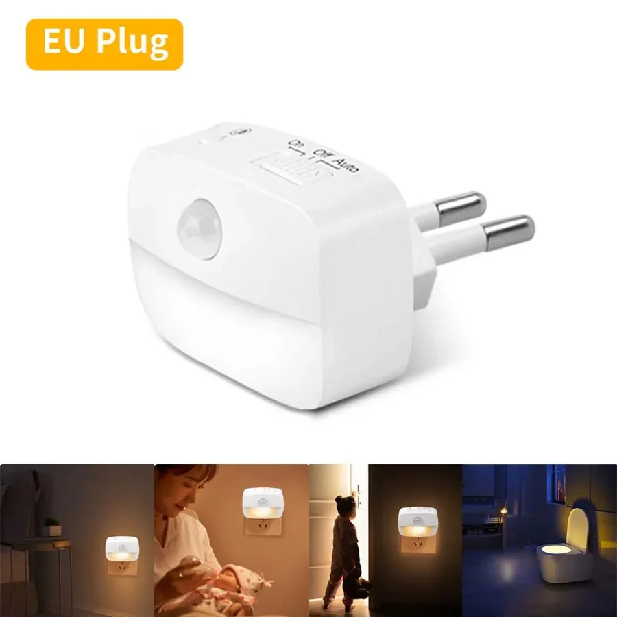 Luz LED nocturna con Sensor de movimiento, lámpara de inducción humana PIR con enchufe de temperatura de 3 colores para dormitorio, WC, pasillo, escalera, lámpara de emergencia