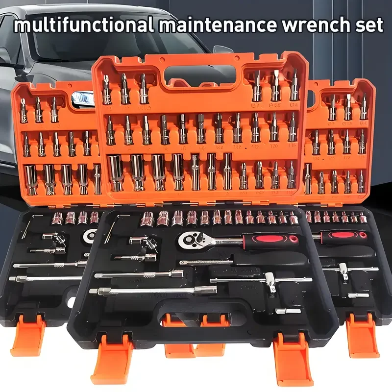 53pcs Home & Outdoor Repair Tool Kit with Quick Ratchet, Keys & Furniture Tools - Durable Carbon Steel in Multi-Tool Box