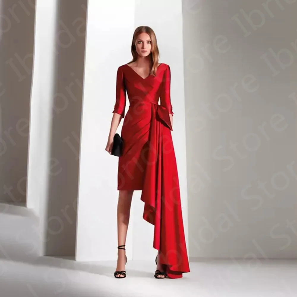 Modern Simple Red Mother of the Bride Dresses Short  Dress Knee Length Wedding Guest Gowns V Neckline 3/4 Sleeves On Sale