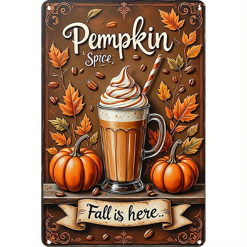 Décoration Murale Métal Vintage Épices de Citrouille Automne - Decoración Acción de Gracias con Citrouille, Panneau Rétro Imprimé HD p