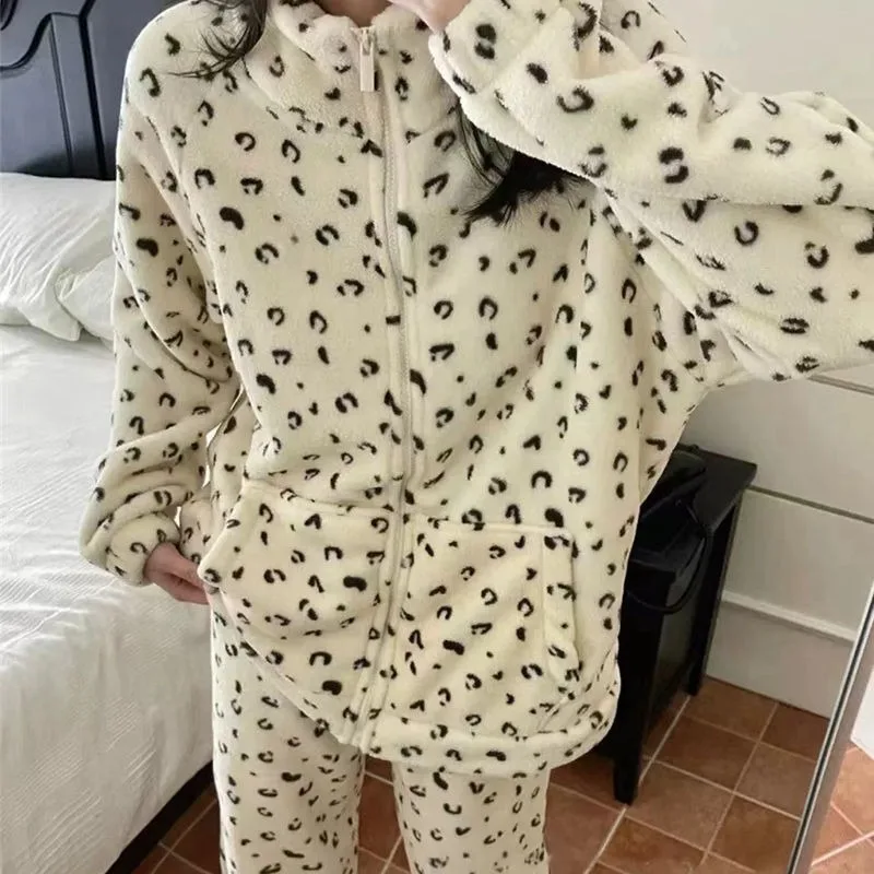 2024 New Couple Coral Plush Homewear Women Autumn Winter Sleepwear Thickened Zipper Pajamas Stand Collar Zipper Loungewear Set