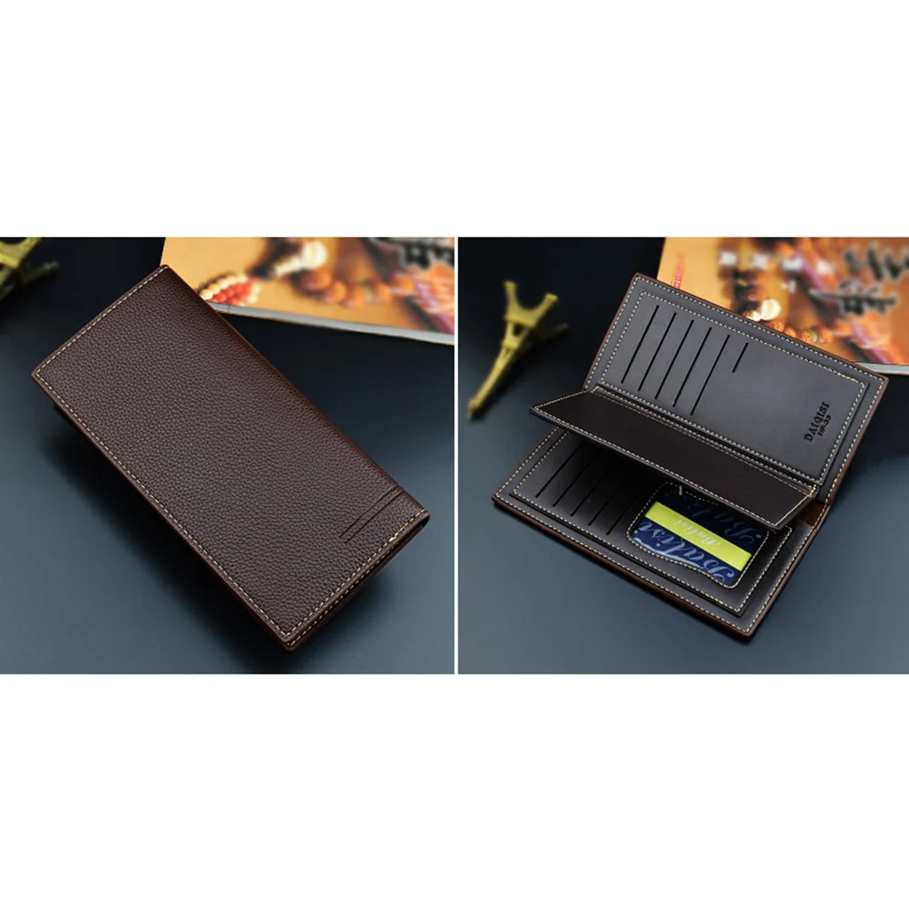 محفظة رجالية طويلة من البولي يوريثان بلون القهوة وحامل بطاقات الائتمان ثلاثي الطي ومحفظة جيب ومنظم محمول للعملات النقدية Sim