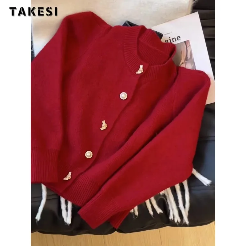 2023 Autumn Winter Vintage O-Neck Knitting Long Sleeve Cardigans Women Sweet Solid Color Single Breasted Ladies Loose Sweater