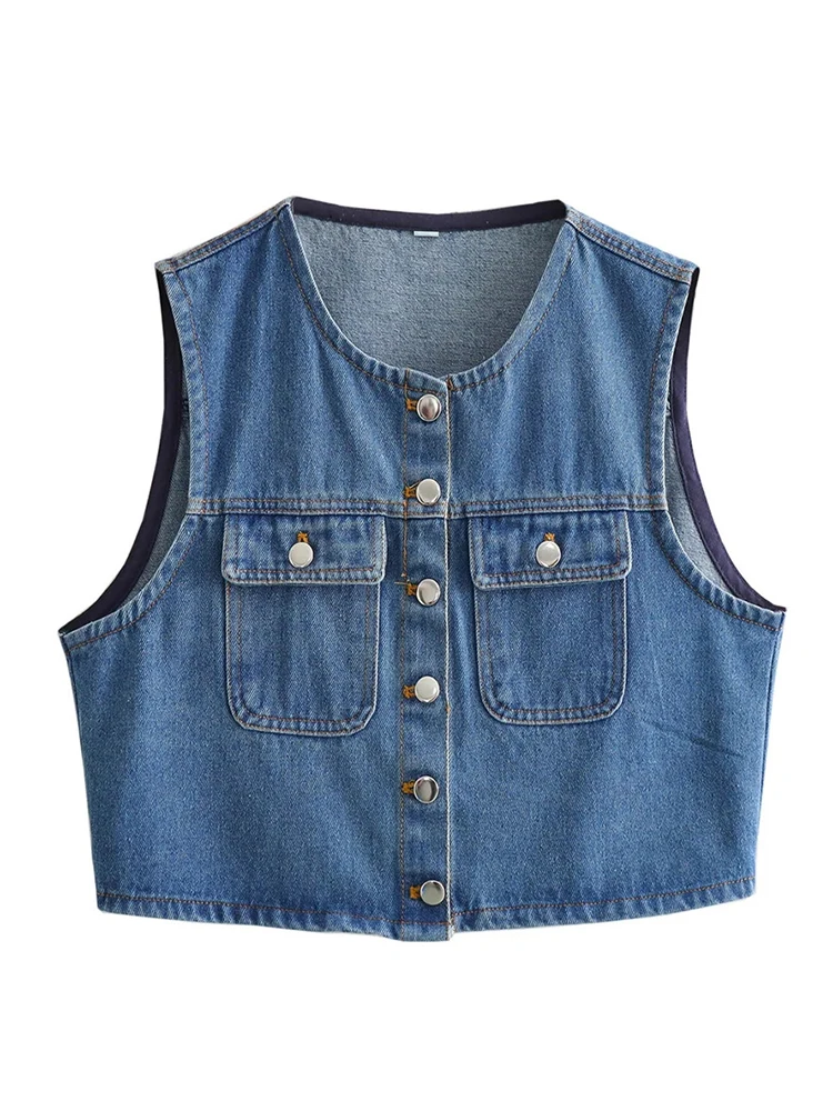 

Girls 2024 New Casual Single Breasted Blue Vest Outwear Women Spring Summer Blue Fashion Sleveless Denim Short Jackets