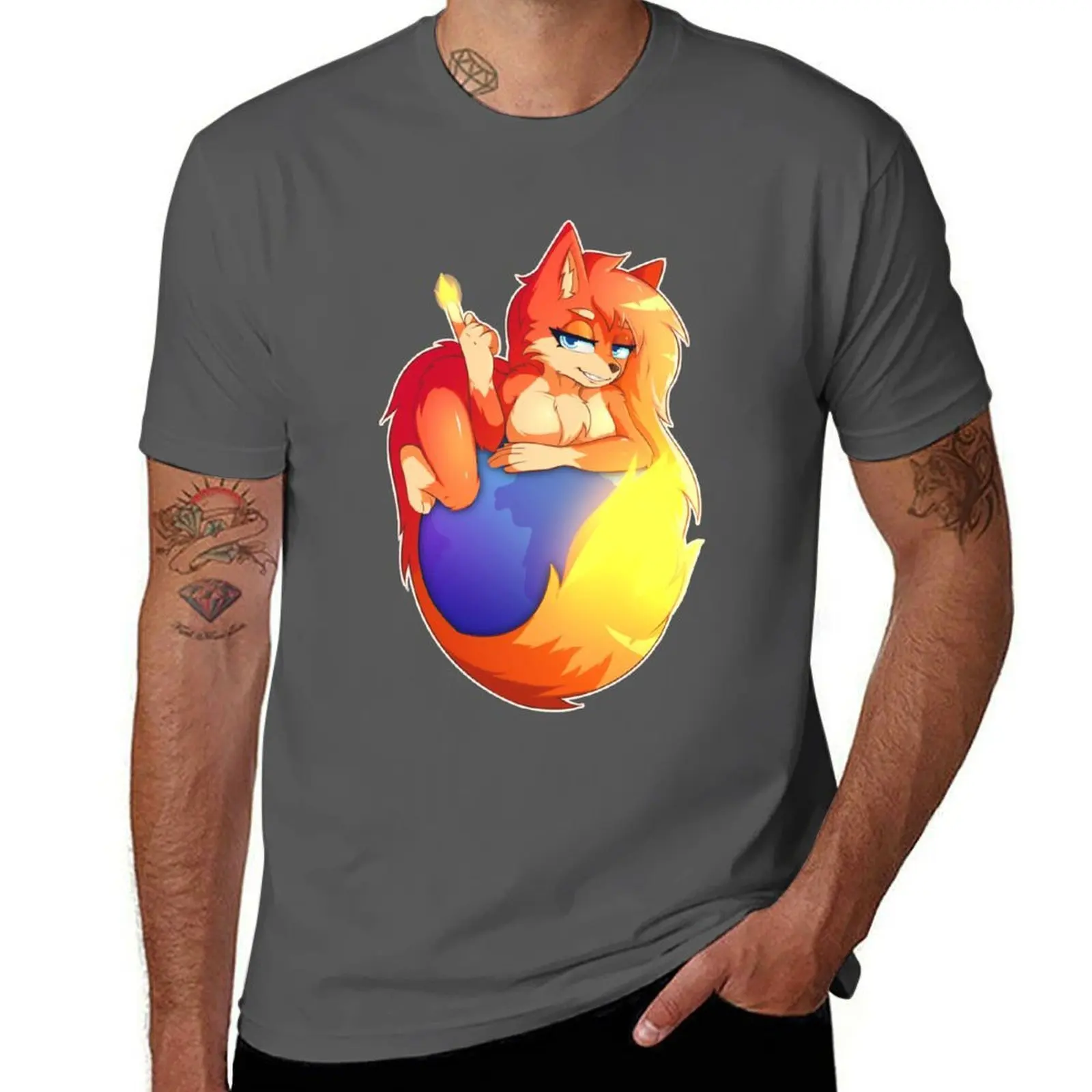 تي شيرت FireFox Furry تي شيرت رجالي من القطن الثقيل تي شيرت أساسي